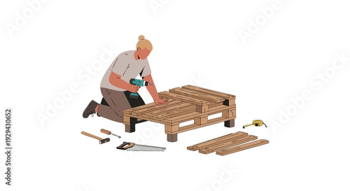 DIY Pallet Furniture Construction. Person Assembling Wooden Table with Drill. Home Improvement & Upcycling Illustration.