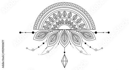 Mandala ornamental half circle with leaf pattern, geometric line art, boho tattoo style decoration isolated on white