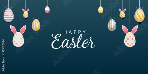 Festive easter decorations with colorful eggs bunnies and a greeting