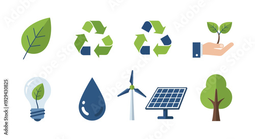 Environmental and Green Energy Icons Set. Sustainable Ecology and Nature Conservation Symbols for Recycling, Solar, Wind, and Plant.