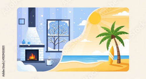 Seasonal Escape Concept from Cold Winter Home to Sunny Tropical Vacation Beach