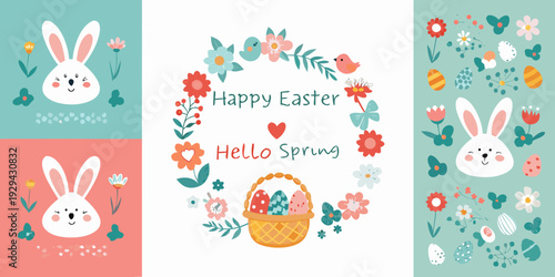 A cheerful easter and spring themed seamless pattern with bunnies and flowers