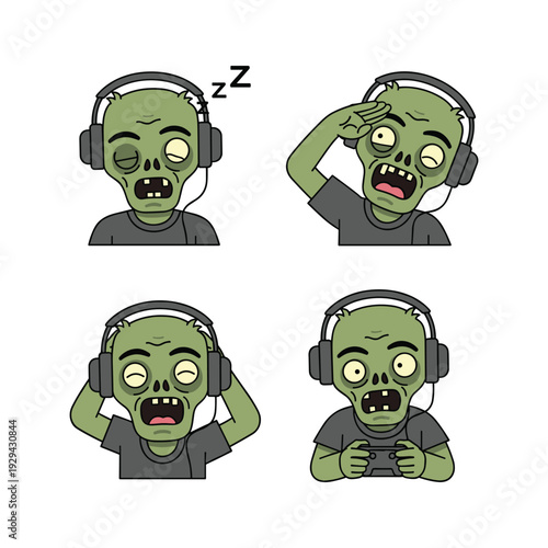 Bild auf Leinwand Zombie gamer set with different emotions wearing headphones and holding gamepad