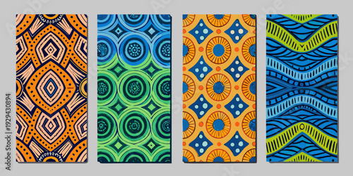 Four colorful rectangular panels display vibrant african inspired geometric patterns