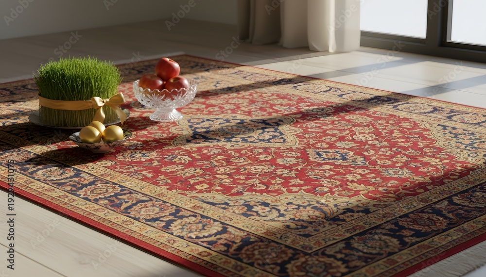 Fototapeta premium Traditional Nowruz Haft-Seen items arranged on a beautiful Persian carpet with sunlight, symbolizing spring and cultural heritage concept