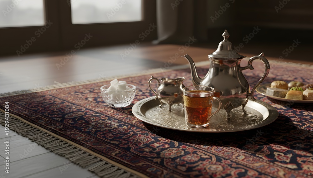 Fototapeta premium A traditional Persian tea set served with sweets on an ornate rug, embodying the rich cultural Nowruz celebration concept with warm ambiance