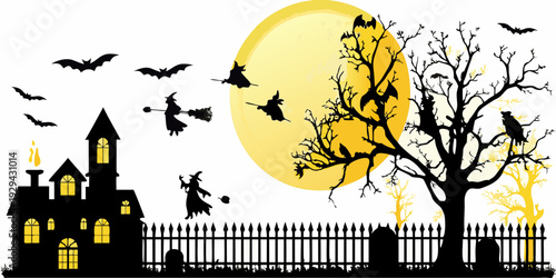 A spooky halloween scene with witches bats and a haunted castle