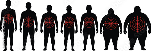 Human Body Weight Progression Silhouettes with Target Mark Symbols Illustrating Obesity Risk, BMI Comparison, Health Assessment, and Medical Weight Loss Concept on White Background