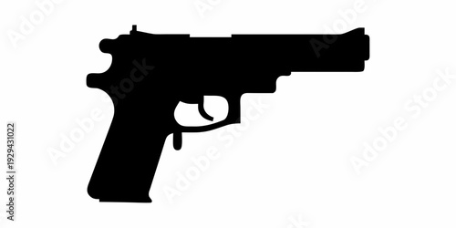 A stark black silhouette of a semi automatic handgun on a white background