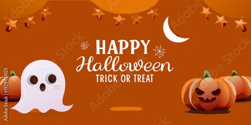 A happy halloween illustration featuring a ghost pumpkins and stars