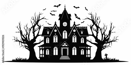 Spooky haunted house silhouette with bats and bare trees for halloween