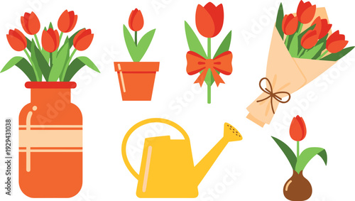 Spring tulip flower gardening set with bouquet, potted plant, watering can and vase arrangement, colorful botanical elements for floral decoration vector illustration