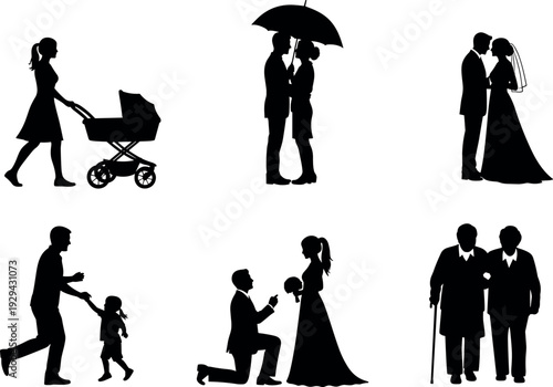 Family life stages silhouette collection showing couple romance, marriage, parenting with stroller, proposal, and elderly walking together, human relationship moments isolated on white background