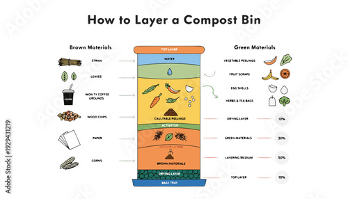 A step-by-step guide on how to layer brown and green materials inside a compost bin for beginners