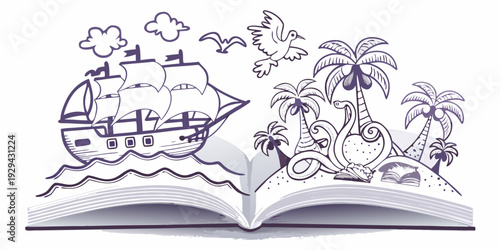 An open book reveals a whimsical scene of a ship island and creatures