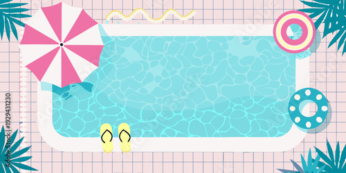 Aerial view of a swimming pool with summer accessories