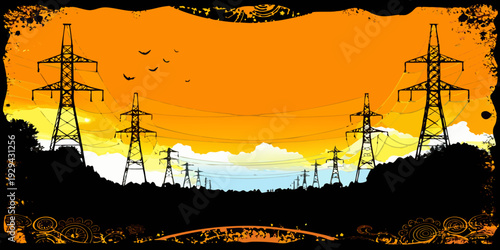 Silhouette of power lines and towers against a vibrant sunset sky