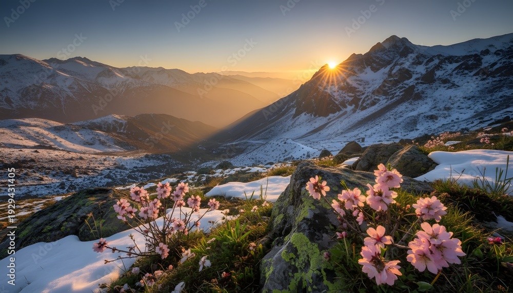 Fototapeta premium Golden sunrise over snow-capped mountains and blooming flowers, symbolizing the renewal and vibrant spirit of the Nowruz holiday concept