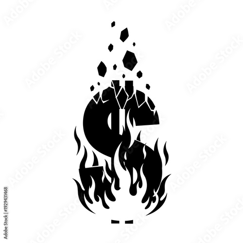 Burning Dollar Sign Symbolizing Economic Crisis and Financial Loss on White Background. Concept of Market Crash, Debt, Recession, Inflation. Finance Industry Illustration. Black and White Vector Graph