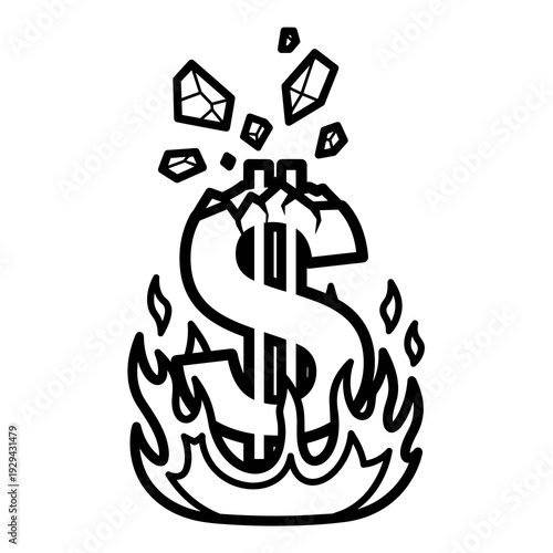 Dollar Symbol Crumbles in Flames: Financial Meltdown Concept in Graphic Black and White Design, Illustrating Economic Crisis, Investment Loss, and Market Crash—Burnout, Failure, Recession, Business Ri