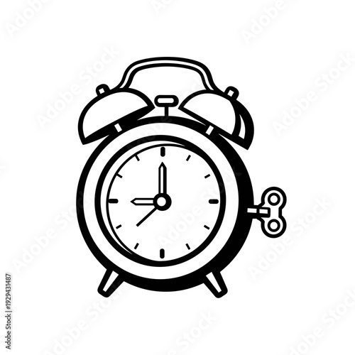 Vintage Alarm Clock Ringing in Black and White – Classic Timepiece Alerting Early Wake-Up, Deadline Reminder, Nostalgic Design, Mechanical Clockwork, Hand-Wound Style, Time Management Icon, Retro Styl