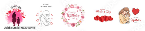 A collection of romantic elements and valentine day graphics arranged horizontally