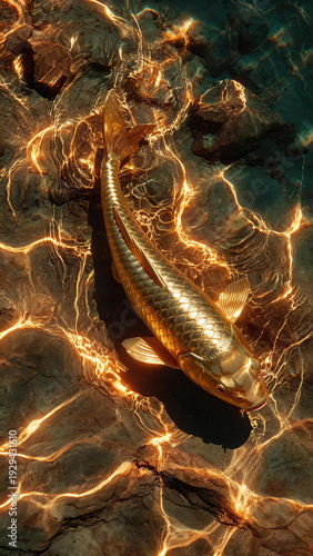 Golden koi fish swimming in dark water with shimmering light reflections