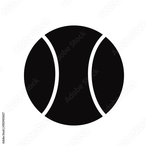 A tennis ball is shown in black and white. The ball is round and has a white line down the middle