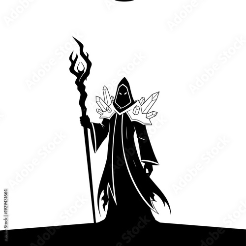 Enigmatic Sorcerer Wielding Magic: Mysterious hooded mage casts spells in shadowy realm, fantasy character illustration, ominous wizard with crystal adorned shoulders, gothic fantasy, mysterious man,