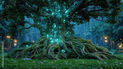 Ancient giant tree with glowing roots and magical spirits in dark forest