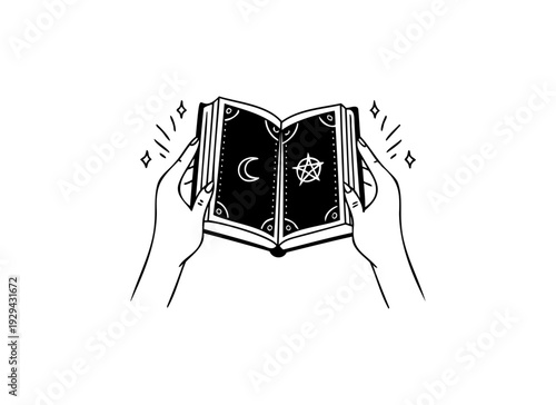 Hands Holding Open Magic Spell Book with Crescent Moon and Pentagram Symbols — Mystical Vector Illustration