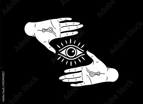 Mystical All-Seeing Eye with Esoteric Hands and Keys Vector Illustration