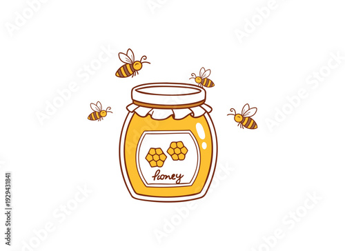 Cute Cartoon Honey Jar with Flying Bees and Honeycomb Label Vector Illustration