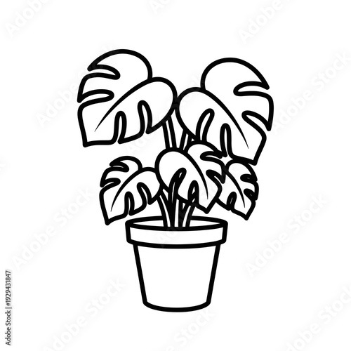 Monstera Deliciosa in a Pot Illustration: Stylish Home Decor Accent in Black and White Outline, Ideal for Print, Textile Design, Stationery, and Room Accents for Houseplants Enthusiasts Creating a Coz