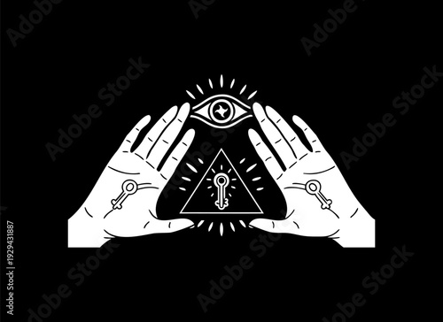 Mystical All-Seeing Eye in Triangle with Sacred Hands and Vintage Key Vector Illustration