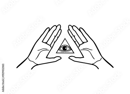 All-Seeing Eye of Providence in Triangle with Hand — Mystic Esoteric Vector Illustration