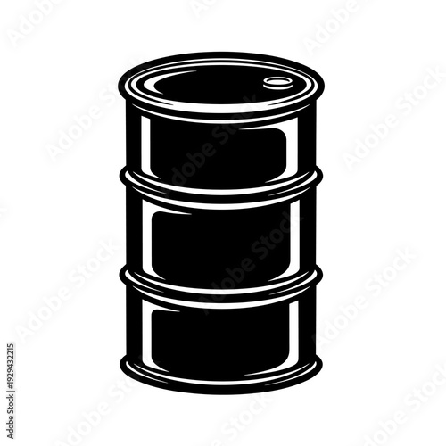 Black Oil Barrel Storage Container Vector Illustration: Industrial Metal Drum Isolated on White Backdrop, Storing Petroleum Products, Fuels - Energy Sector, Fuel Industry Needs, Toxic Waste Deposit, M