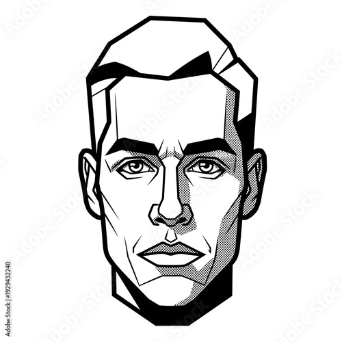 Focused Man Portrait in Graphic Novel Style: Tense Male Character with Strong Features, Vector Illustration for Masculinity Concepts, Determination, Monochromatic Hero, Comic Book Vibe, Bold Identity,