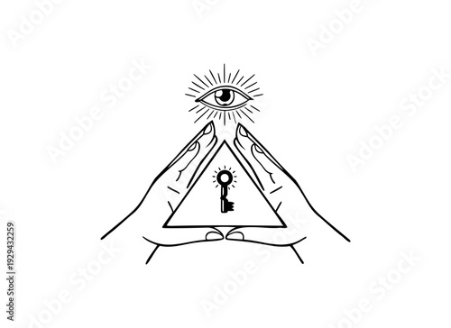 Mystical Eye of Providence in Triangle with Hands and Key - Esoteric Vector Illustration