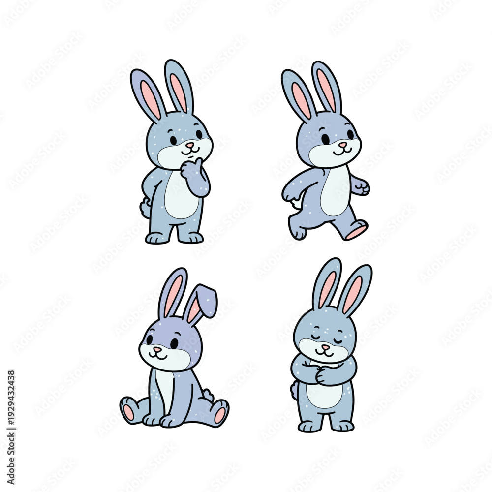 Fototapeta premium Cute cartoon rabbits in different poses on white background with copy space