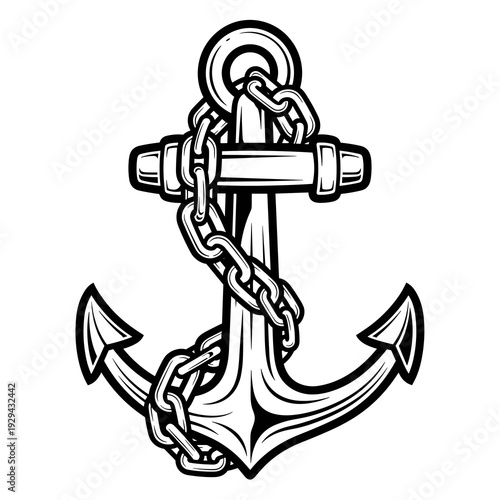 Nautical Anchor with Chain Illustration - Monochrome Marine Tattoo, Maritime Symbolism, Sea Vessel Equipment, Naval Heritage, Graphic Design Element, Ocean Adventure, Pirate Theme Artwork, Vintage Sty