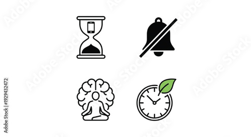 Minimalist icon set illustrating concepts of digital detox, silence, mindfulness, and sustainable time management, isolated on white.