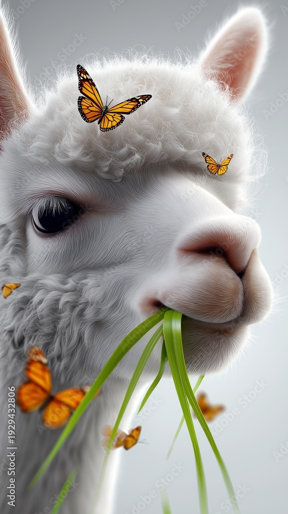 Naklejka premium Nahaufnahme eines weißen Lamas mit Gras im Maul, umgeben von farbigen Schmetterlingen vor wolkigem Himmel.