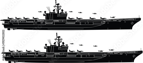 Aircraft Carrier Warship Silhouettes Illustration Featuring Naval Military Ship with Fighter Jets Representing Maritime Defense, Naval Aviation and Military Power Concept