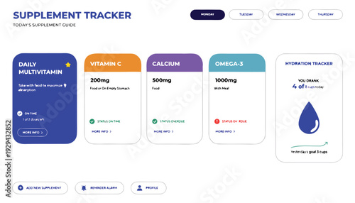 A clean user interface design for a supplement and hydration tracking application