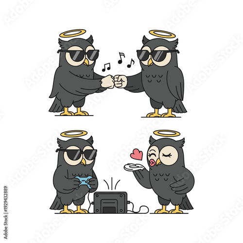 Cartoon owls DJing and sharing love with music notes and halo