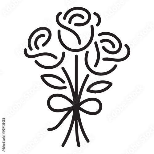A charming bouquet of three stylized roses, complete with stems and leaves, is elegantly tied together with a decorative bow in a clean, minimalist line art illustration.