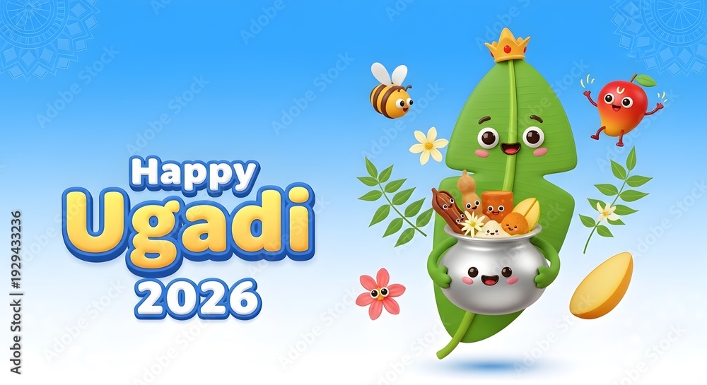 Fototapeta premium Happy ugadi 2026 greeting card with cute cartoon characters
