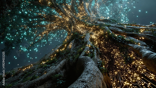 Low angle view of a giant ancient tree with glowing turquoise lights