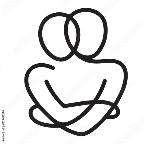 Abstract continuous line art renders two overlapping figures embracing tightly to signify partnership, connection, and mutual support.